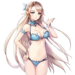 Rule 34 | 1girl, armpits, bangle, bare shoulders, bikini, blue bikini, bow, bracelet, breasts, brown hair, cowboy shot, detached collar, elf, grey eyes, hair bow, halterneck, hand on own hip, hand up, jewelry, king&#039;s raid, long hair, looking at viewer, medium breasts, multi-strapped bikini, navel, official art, parted lips, pointy ears, selene (king&#039;s raid), sidelocks, solo, standing, stomach, string bikini, swimsuit, thighs, transparent background, very long hair