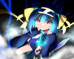 Rule 34 | 1girl, alternate eye color, atsu toushirou (tenka hyakken), bare shoulders, blue capelet, blue gloves, blue hair, capelet, closed mouth, commentary, electricity, electrokinesis, english commentary, fingerless gloves, gloves, gradient eyes, hairband, highres, holding, holding weapon, mikanbako320, multicolored eyes, ribbon, short hair, short sword, shorts, solo, sword, tantou, tenka hyakken, underlighting, v-shaped eyebrows, weapon, yellow ribbon