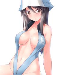 Rule 34 | 1girl, areola slip, backlighting, bare shoulders, blue hat, blue one-piece swimsuit, blush, breasts, breasts apart, brown eyes, brown hair, cleavage, closed mouth, clothes writing, collarbone, cowboy shot, embarrassed, female focus, girls und panzer, groin, hair between eyes, halterneck, hat, highres, kuzuryuu kennosuke, large breasts, looking at viewer, meme attire, mika (girls und panzer), navel, one-piece swimsuit, shiny skin, simple background, sitting, slingshot swimsuit, smile, solo, striped clothes, striped headwear, sweat, swimsuit, upper body, white background, white hat