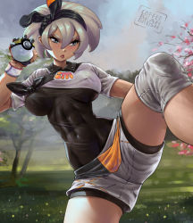 Rule 34 | 1girl, abs, alternate breast size, artist logo, bea (pokemon), black bodysuit, black hairband, blue eyes, bodysuit, bodysuit under clothes, bow hairband, breasts, closed mouth, coffeebeanbrush, covered erect nipples, covered navel, cowboy shot, creatures (company), day, fingernails, game freak, gloves, gym leader, hair between eyes, hairband, holding, holding poke ball, impossible clothes, knee up, large breasts, light blush, lips, looking to the side, medium hair, nintendo, outdoors, partially fingerless gloves, poke ball, pokemon, pokemon swsh, print shirt, print shorts, shirt, short sleeves, shorts, sidelocks, silver hair, solo, split, spread legs, standing, standing on one leg, standing split, tan, tied shirt, toned, ultra ball, v-shaped eyebrows, watermark, wristband