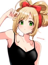 Rule 34 | 1girl, :o, ahoge, ayaca, black camisole, blonde hair, blush, bow-shaped hair, bow hairband, breasts, camisole, cleavage, collarbone, dated, green eyes, hairband, idolmaster, idolmaster cinderella girls, looking at viewer, medium breasts, red hairband, sato shin, sidelocks, simple background, solo, upper body, white background