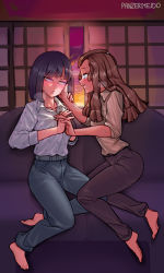 Rule 34 | 2girls, after kiss, barefoot, black hair, blouse, blue eyes, borrowed character, brown hair, cheating (relationship), commentary, commission, couch, english commentary, eye contact, flat chest, heavy breathing, highres, holding hands, interlocked fingers, long hair, looking at another, medium hair, multiple girls, on couch, original, pants, panzermeido, purple eyes, saliva, saliva trail, shirt, sunset, sweat, yuri