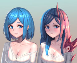 Rule 34 | 1girl, blue eyes, blue hair, blush, bob cut, braid, breasts, cleavage, closed mouth, collarbone, demon girl, expressionless, french braid, gem, gradient background, green background, horns, long hair, looking at viewer, medium breasts, moonandmist, off shoulder, oni horns, original, parted bangs, ribbed sweater, shade, shadow, short hair, shoulder spikes, sidelocks, single bare shoulder, single horn, smile, spikes, striped, sunlight, sweater, upper body, v-neck, variations, white sweater