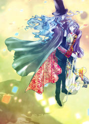 Rule 34 | 00s, 1boy, 1girl, blue eyes, blue hair, blunt bangs, cape, count of monte cristo (gankutsuou), curly hair, floating hair, formal, from above, full body, gankutsuou, hat, haydee (gankutsuou), height difference, long hair, long sleeves, pale skin, pants, shoes, silver hair, standing, suit, top hat, very long hair, wind