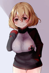 Rule 34 | 1girl, adapted costume, azur lane, blonde hair, blush, bottomless, breasts, brown eyes, closed mouth, cowboy shot, cross, eyebrows, eyes visible through hair, hair between eyes, hand in pocket, hand on own shoulder, hand up, highres, horoyuki (gumizoku), iron cross, jacket, large breasts, long sleeves, looking at viewer, multicolored clothes, multicolored hair, multicolored jacket, pocket, red hair, roon (azur lane), short hair, sleeves past wrists, smile, solo, standing, streaked hair, tareme, thigh gap, track jacket, turtleneck, two-tone hair