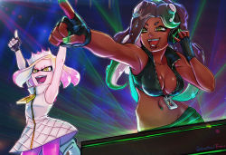Rule 34 | &gt;:d, 2girls, :d, armpits, arms up, bare arms, breasts, cephalopod eyes, cleavage, colored skin, concert, crop top, crown, dark-skinned female, dark skin, dress, fang, fingerless gloves, gloves, green eyes, green hair, green nails, green skin, headphones, inkling, jumping, lipstick, makeup, marina (splatoon), medium breasts, midriff, mini crown, multicolored hair, multicolored skin, multiple girls, nail polish, navel, navel piercing, nintendo, octoling, open mouth, outdoors, pantyhose, partially unzipped, pearl (splatoon), phonograph, piercing, pink hair, pink legwear, pointing, purple hair, sleeveless, sleeveless dress, small breasts, smile, splatoon (series), splatoon 2, stomach, symbol-shaped pupils, teeth, turntable, two-tone hair, v-shaped eyebrows, wallace pires, white hair, yellow eyes, zipper