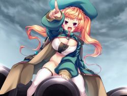 Rule 34 | 1girl, ankle boots, backpack, bag, baggy clothes, boots, breast press, breasts, cannon, cleavage, coat, corset, fang, female focus, full body, game cg, hat, high collar, hikage eiji, huge breasts, kuroinu ~kedakaki seijo wa hakudaku ni somaru~, liquid (company), long coat, long hair, looking away, maebari, mel mel, monster girl, nexton, no humans, open mouth, orange hair, oversized clothes, pink eyes, revealing clothes, shiny skin, sitting, sky, smile, solo, thighhighs, twintails