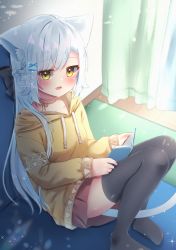 Rule 34 | 1girl, :d, :o, animal ear fluff, animal ears, black thighhighs, blush, book, braid, cat ears, cat girl, cat tail, curtains, dated, fang, hair ornament, hairclip, highres, holding, holding book, hood, hood down, hoodie, indoors, long hair, long sleeves, looking at viewer, michiru donut, miniskirt, open book, open mouth, original, sitting, skirt, smile, solo, tail, thighhighs, watermark, white hair, yellow eyes, yellow hoodie, zettai ryouiki