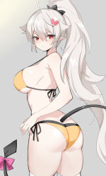 Rule 34 | 1girl, absurdres, ahoge, ass, bikini, black ivy, breasts, closed mouth, cowboy shot, from behind, grey background, grey hair, hair between eyes, hair ornament, halterneck, highres, large breasts, long hair, looking back, pointy ears, ponytail, red eyes, serin199, side-tie bikini bottom, sideboob, simple background, skindentation, soccer spirits, solo, strap gap, string bikini, swimsuit, tail, thighhighs, v-shaped eyebrows, very long hair, white thighhighs, yellow bikini