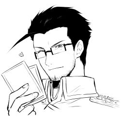 Rule 34 | 1boy, 2022, ;), beard, closed mouth, cropped torso, dated, facial hair, fullmetal alchemist, glasses, greyscale, heart, highres, maes hughes, male focus, mini (pixiv6327751), monochrome, one eye closed, portrait, rectangular eyewear, short hair, simple background, sketch, smile, solo, white background, wing collar