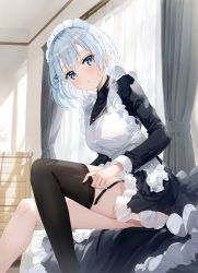 Rule 34 | 1girl, absurdres, apron, black dress, black thighhighs, blue eyes, blue hair, blush, breasts, cabinet, collared dress, curtains, dress, dressing, feet out of frame, fuumi (radial engine), garter straps, hair ornament, highres, indoors, long sleeves, looking at viewer, maid apron, maid headdress, medium breasts, official art, parted lips, second-party source, short hair, sidelocks, siesta (tantei wa mou shindeiru), sitting, solo, tantei wa mou shindeiru, thighhighs, window, x hair ornament