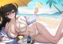Rule 34 | 1girl, absurdres, ahoge, azur lane, bare shoulders, beach, bikini, black hair, blue sky, breasts, cleavage, cocktail glass, collarbone, crossed bangs, cup, drinking glass, groin, highres, holding, holding cup, huge breasts, jacket, long hair, looking at viewer, lying, navel, ocean, official alternate costume, on side, one side up, outdoors, palm leaf, palm tree, parasol, red eyes, sand, skindentation, sky, solo, stomach, swimsuit, taihou (azur lane), taihou (seaside daydreams) (azur lane), thigh strap, tree, umbrella, water, wet, white bikini, white jacket, yijiufantexi