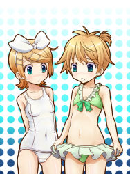 Rule 34 | 1boy, 1girl, bikini, blonde hair, blush, bow, brother and sister, child, crossdressing, flat chest, green eyes, hair bow, hair ornament, hair tie, hairclip, kagamine len, kagamine rin, navel, one-piece swimsuit, open mouth, ponytail, school swimsuit, short hair, siblings, swimsuit, trap, twins, vocaloid