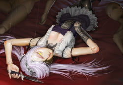 Rule 34 | 1girl, black nails, black thighhighs, blonde hair, breasts, cleavage, corset, czk021, dagger, detached sleeves, doll, doll joints, dress, eyepatch, female focus, gothic lolita, hairband, highres, joints, knife, lace, lace-trimmed legwear, lace trim, light purple hair, lolita fashion, lolita hairband, long hair, looking at viewer, lying, mannequin, nail polish, neck ribbon, original, ribbon, solo, solo focus, string, thighhighs, twintails, upside-down, weapon, yellow eyes