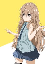 Rule 34 | 1girl, absurdres, aisaka taiga, artist request, bare shoulders, black necktie, black thighhighs, blue shirt, blue skirt, brown eyes, brown hair, closed mouth, commentary request, cowboy shot, frilled shirt, frills, hair between eyes, hands up, highres, holding, holding hair, long hair, looking at viewer, necktie, shirt, skirt, sleeveless, sleeveless shirt, solo, standing, thighhighs, toradora!, two-tone background, v, white background, yellow background, zettai ryouiki