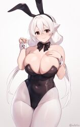 Rule 34 | 1girl, animal ears, bare shoulders, black bow, black bowtie, black leotard, blush, bow, bowtie, breasts, cleavage, closed mouth, commentary, covered navel, detached collar, english commentary, fake animal ears, gradient background, grey background, hair between eyes, hand on own chest, highres, iwbitu, large breasts, leotard, long hair, looking at viewer, nyopu, original, pantyhose, playboy bunny, rabbit ears, red eyes, smile, thick eyebrows, twitter username, white hair, white pantyhose