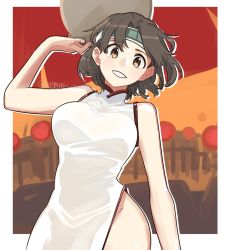 Rule 34 | 1girl, alternate costume, brown eyes, brown hair, china dress, chinese clothes, chiyoda (kancolle), cowboy shot, dress, headband, kantai collection, looking at viewer, parted lips, sagamiso, short hair, smile, solo, tray, twitter username, white dress