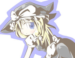 Rule 34 | 1girl, aoblue, blonde hair, blue eyes, braid, dress, female focus, hat, kirisame marisa, looking back, one eye closed, simple background, solo, tears, touhou, white background, wink, witch, witch hat