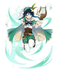 Rule 34 | 1boy, absurdres, black hair, blue hair, bow, braid, cape, feathers, floating, floating instrument, flower, frilled sleeves, frills, gem, genshin impact, gradient hair, green eyes, green hat, hair flower, hair ornament, hand on headwear, hand up, hat, highres, hnsx5778, instrument, leaf, long sleeves, looking at viewer, lyre, male focus, multicolored hair, pantyhose, shoes, shorts, smile, solo, trap, twin braids, venti (genshin impact), vision (genshin impact), white background, white flower, white pantyhose