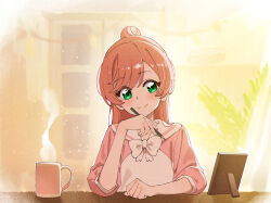 Rule 34 | 1girl, absurdres, closed mouth, coffee mug, collared dress, commentary, cup, dress, elbow rest, green eyes, hair bun, highres, hirogaru sky! precure, holding, holding pencil, indoors, long hair, long sleeves, looking at viewer, mug, nijigaoka mashiro, pencil, picture frame, pink dress, pink hair, precure, raglan sleeves, single hair bun, sipeiren, smile, solo, steam, two-tone dress, white dress