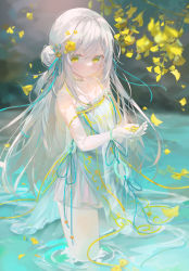 Rule 34 | 1girl, absurdres, bare shoulders, blush, breasts, chen bin, chinese clothes, closed mouth, elbow gloves, flower, gloves, hair between eyes, hair flower, hair ornament, highres, in water, jewelry, leaf, long hair, looking at viewer, necklace, original, pantyhose, small breasts, solo, standing, white gloves, white hair, white pantyhose, yellow eyes