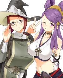 Rule 34 | 2girls, absurdres, breasts, brown eyes, closed mouth, comb, commission, double bun, earrings, fire emblem, fire emblem awakening, fire emblem fates, glasses, hair bun, hair ornament, hat, highres, igni tion, jewelry, large breasts, looking at viewer, miriel (fire emblem), multiple girls, nintendo, one eye closed, orochi (fire emblem), purple eyes, purple hair, red hair, resolution mismatch, smile, source smaller, upper body, witch hat