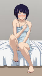 Rule 34 | 1girl, bare legs, bed, bedroom, black eyes, black hair, black nail polish, black toenail polish, black toenails, blush, boku no hero academia, covering privates, covering breasts, feet, highres, jirou kyouka, looking at viewer, nail polish, naked towel, no-pornography, on bed, open mouth, short hair, sitting, solo, toenail polish, toenails, towel