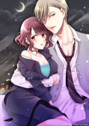 Rule 34 | 1boy, 1girl, arm around waist, ass, bad id, bad tumblr id, black neckwear, blush, breasts, brown eyes, brown hair, cleavage, clenched hand, cover, cover page, crescent moon, grey vest, indoors, light brown hair, long sleeves, looking at viewer, moon, nagmeg (juria), necktie, night, night sky, original, pencil skirt, sitting, skirt, sky, standing, unbuttoned, vest, watermark, window