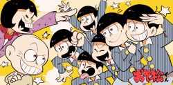 Rule 34 | 6+boys, amazou, bald, black hair, blank speech bubble, bow, bowtie, brothers, buck teeth, chibita, child, copyright name, crossed arms, formal, hand on own hip, highres, iyami, looking at another, male focus, matching outfits, matsuno choromatsu, matsuno ichimatsu, matsuno jyushimatsu, matsuno karamatsu, matsuno osomatsu, matsuno todomatsu, multiple boys, osomatsu-kun, osomatsu (series), pointing, purple suit, salute, sextuplets, siblings, simple background, speech bubble, star (symbol), suit, teeth, tongue, tongue out, traditional bowtie, wing collar, yellow background