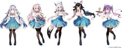 5girls amagasa_yun amane_kanata animal_ears blue_skirt demon_tail fox_tail hololive lawson maid_headdress multiple_girls nakiri_ayame official_art ookami_mio pantyhose shirakami_fubuki skirt tail tokoyami_towa virtual_youtuber wolf_ears wolf_tail