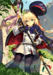 Rule 34 | 1girl, artoria caster (fate), artoria caster (second ascension) (fate), artoria pendragon (fate), blonde hair, commentary request, fate/grand order, fate (series), feet out of frame, gloves, green eyes, hair between eyes, hat, highres, holding, holding staff, long hair, long sleeves, looking at viewer, mishiro (ixtlolton), pantyhose, revision, smile, solo, staff, standing, takeuchi takashi (style)