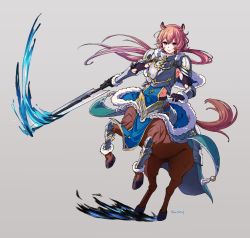 Rule 34 | 1boy, animal ears, armor, armpits, artist name, blue cattail, brown hair, centaur, clothing cutout, full body, fur trim, gloves, grey background, highres, holding, holding polearm, holding spear, holding weapon, horse ears, injury, long hair, low ponytail, male focus, pink eyes, polearm, renniscan, side cutout, solo, spear, tales of erin, taur, torn clothes, water, weapon