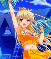 Rule 34 | 1girl, :d, absurdres, blonde hair, character request, cheerleader, clothes writing, comiket, cropped, day, green eyes, highres, long hair, midriff, nakajima yuka, navel, open mouth, outdoors, pom pom (cheerleading), ponytail, smile, solo, tokyo big sight