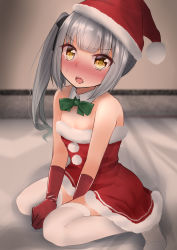 Rule 34 | 1girl, bed sheet, black ribbon, blurry, blurry background, blush, commentary request, detached collar, fur trim, gloves, green ribbon, grey hair, hair ribbon, hat, highres, kantai collection, kasumi (kancolle), long hair, open mouth, pom pom (clothes), red gloves, ribbon, santa costume, santa hat, sasakura (calicchio), side ponytail, solo, thighhighs, white thighhighs, yellow eyes