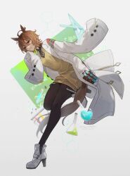 Rule 34 | 1girl, agnes tachyon (umamusume), ahoge, animal ears, black necktie, black pantyhose, boots, brown hair, collared shirt, dated, erlenmeyer flask, flask, full body, grey background, high heels, horse ears, horse girl, horse tail, lab coat, long sleeves, looking at viewer, necktie, open mouth, pantyhose, red eyes, round-bottom flask, ruler, set square, shirt, short hair, short necktie, sleeves past fingers, sleeves past wrists, smile, solo, tail, test tube, twitter username, umamusume, white footwear, youmicitrustea