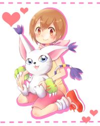 Rule 34 | 1girl, absurdres, blue eyes, blush, brown hair, closed mouth, digimon, digimon (creature), digimon adventure, highres, open mouth, red eyes, shoes, short hair, smile, socks, tailmon, yagami hikari