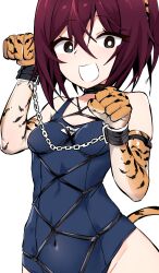 Rule 34 | 1girl, :d, absurdres, animal ears, animal hands, animal print, bdsm, black eyes, blue one-piece swimsuit, bob cut, bondage, bound, breasts, bright pupils, brown hair, commentary, covered navel, cuffs, elbow gloves, fake animal ears, fake tail, gloves, highres, kinbakuman, m-chan (kinbakuman), old school swimsuit, one-piece swimsuit, open mouth, original, paw gloves, paw pose, print gloves, school swimsuit, shackles, short hair, simple background, small breasts, smile, solo, swimsuit, tail, tiger ears, tiger print, tiger tail, white background, white pupils