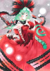 Rule 34 | 1girl, adapted costume, arim0k0, blunt bangs, blush, breasts, cleavage, closed mouth, corrupted twitter file, dress, frills, front ponytail, green eyes, green hair, grey background, hair ribbon, highres, kagiyama hina, large breasts, long hair, looking at viewer, red dress, ribbon, sample watermark, simple background, solo, touhou, traditional media, watermark
