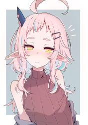 Rule 34 | 1girl, ahoge, aqua hair, azuma shino, bad id, bad twitter id, bare shoulders, blush, border, brown sweater, closed mouth, commentary, fang, flat chest, grey background, hair ornament, hairclip, head tilt, highres, horns, huge ahoge, long hair, looking at viewer, low twintails, multicolored hair, notice lines, off shoulder, original, outside border, pink hair, pointy ears, repi (azuma shino), ribbed sweater, semi-rimless eyewear, sidelocks, single horn, skin fang, sleeveless, sleeveless sweater, sleeveless turtleneck, solo, straight-on, streaked hair, sweater, turtleneck, turtleneck sweater, twintails, under-rim eyewear, upper body, white border, yellow eyes