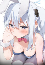 Rule 34 | 1girl, absurdres, animal ears, aumann, blue archive, blue leotard, blush, bow, bowtie, braid, breasts, breasts apart, closed mouth, commentary request, detached collar, fake animal ears, grey hair, hair between eyes, halo, highres, leotard, long hair, looking at viewer, medium breasts, miyako (blue archive), pantyhose, playboy bunny, rabbit ears, red bow, red bowtie, simple background, solo, sweat, traditional bowtie, white background, white pantyhose, wrist cuffs