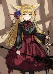 Rule 34 | 1girl, :o, absurdres, animal ear fluff, animal ears, arknights, black pantyhose, black shirt, blonde hair, blue flower, blush, bow, commentary, english commentary, flower, fox ears, green eyes, hair between eyes, hair flower, hair ornament, highres, holding, holding polearm, holding sword, holding weapon, long hair, long sleeves, looking at viewer, multicolored hair, pantyhose, parted lips, polearm, puffy long sleeves, puffy sleeves, red bow, red skirt, rylaera, shirt, sketch, skirt, solo, spear, standing, suzuran (arknights), sword, tiara, two-tone hair, very long hair, weapon, white hair