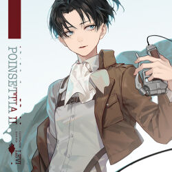 Rule 34 | 1boy, ascot, black hair, blue eyes, brown jacket, character name, chest harness, closed mouth, collared shirt, cropped jacket, english text, eyokiki, harness, holding, jacket, levi (shingeki no kyojin), long sleeves, looking away, male focus, off shoulder, open clothes, open jacket, parted bangs, shingeki no kyojin, shirt, short hair, three-dimensional maneuver gear, white ascot, white shirt