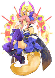 Rule 34 | 10s, 1girl, animal ears, bare shoulders, blue thighhighs, bow, breasts, detached sleeves, fate/extra, fate (series), fox ears, fox tail, geta, hair bow, hair ribbon, japanese clothes, mgk968, pink hair, ribbon, solo, tail, tamamo no mae (fate/extra), thighhighs, twintails, yellow eyes