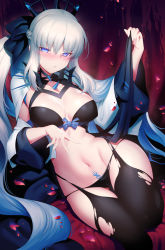 Rule 34 | 1girl, bad id, bad pixiv id, black bow, black bra, black panties, black thighhighs, blue eyes, bow, bra, braid, breasts, capelet, cleavage, detached sleeves, fate/grand order, fate (series), french braid, grey hair, hair bow, highres, large breasts, long hair, looking at viewer, m-da s-tarou, morgan le fay (fate), navel, panties, ponytail, pubic tattoo, sidelocks, spikes, stomach tattoo, tattoo, thighhighs, thighs, tiara, underwear, very long hair, white capelet, wide sleeves