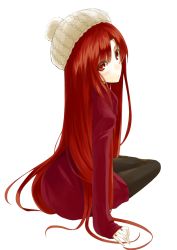 Rule 34 | 1girl, beanie, black pantyhose, blush, from behind, hat, kauto, kushia microphylla, long hair, looking at viewer, looking back, original, pantyhose, red eyes, red hair, red sweater, ribbed sweater, simple background, sitting, sleeves past wrists, solo, sweater, very long hair, white background, yokozuwari