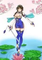 Rule 34 | 1girl, breasts, brown hair, chai xianghua, cleavage, highres, looking at viewer, namco, smile, soul calibur, soulcalibur, soulcalibur vi, thighhighs