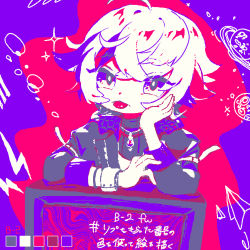 Rule 34 | 1boy, black jacket, black shirt, chibi, closed mouth, color guide, fuwa minato, hair between eyes, hand up, jacket, kiduta cielo, limited palette, long sleeves, looking at viewer, male focus, nijisanji, open clothes, open jacket, paper airplane, planet, planetary ring, purple background, purple eyes, red background, shirt, solo, tongue, tongue out, translation request, two-tone background, upper body, virtual youtuber, white hair