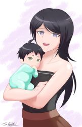 Rule 34 | 1boy, 1girl, alternate costume, baby, bare arms, bare shoulders, black shirt, commission, danganronpa: trigger happy havoc, danganronpa (series), facing viewer, freckles, highres, ikusaba mukuro, long hair, looking at viewer, mother and son, neolink077, onesie, shirt, short hair, signature, smile, strapless, strapless shirt, tagme, upper body