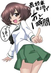 Rule 34 | 1girl, :d, absurdres, akiyama yukari, black neckerchief, blouse, brown eyes, brown hair, commentary, cowboy shot, from side, girls und panzer, green skirt, highres, leaning forward, long sleeves, looking at viewer, looking back, messy hair, miniskirt, neckerchief, one-hour drawing challenge, ooarai school uniform, open mouth, pleated skirt, pointing, pointing at viewer, school uniform, serafuku, shiina excel, shirt, short hair, simple background, skirt, smile, solo, standing, translated, white background, white shirt