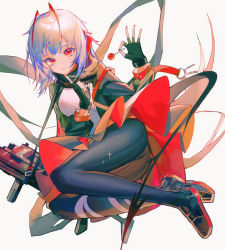 Rule 34 | 1girl, antenna hair, arknights, black pantyhose, candy, fingerless gloves, food, full body, gloves, grey hair, highres, lollipop, long sleeves, looking at viewer, multicolored hair, nail polish, pantyhose, red eyes, red hair, red nails, short hair, simple background, solo, streaked hair, w (arknights), white background, x zhaohuan x